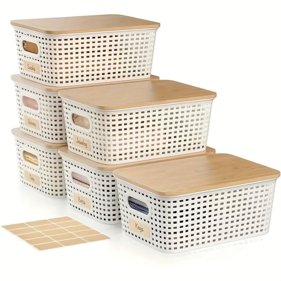 NTYNTY 6-Piece Plaid Rattan Bamboo Cover Storage Box, Very Suitable for Home Decoration, Modern, Plastic.