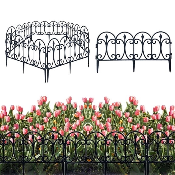 6-Piece Plastic Garden Picket Fence,Black Plastic Fence with Ground Spikes, Foldable and Portable for Storage, Modern Design,Multi-Purpose for Gardens Driveways or Lawns