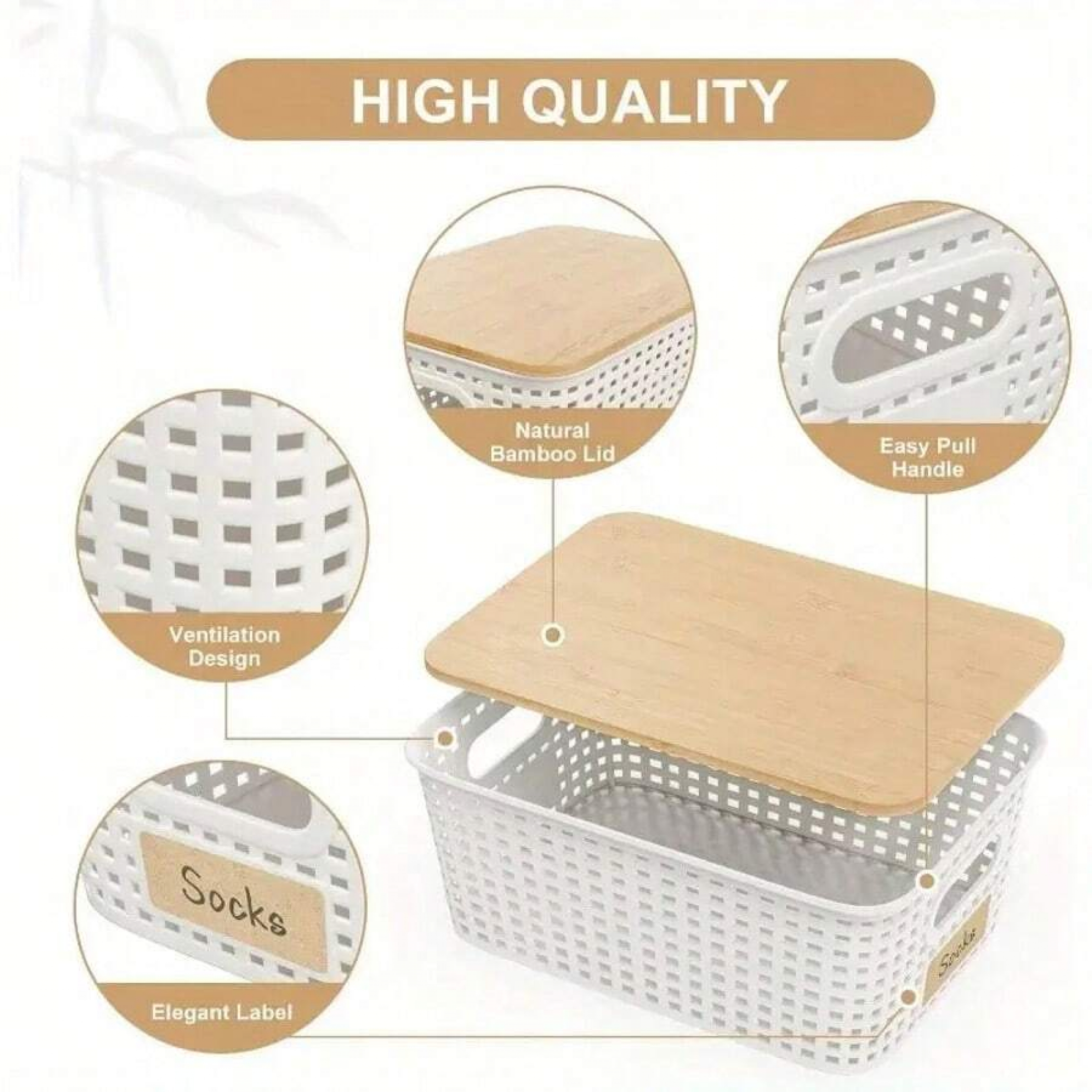 6-Piece Plastic Storage Basket with Bamboo Lid - Stackable Storage Box ...