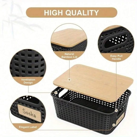 6-Piece Plastic Storage Basket with Bamboo Lid - Stackable Storage Box, Storage Solution for Home, Office, Game Room & Dormitory