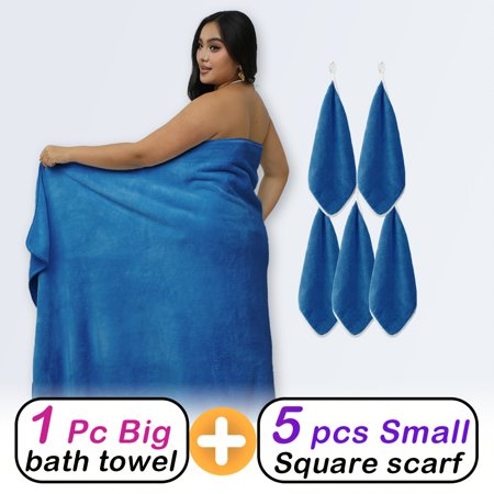6 - Piece Plus - Size Bath Towel Set for Curvy Women. 1 XL (200x100cm) Soft Coral Fleece Body Towel + 5 Small (35x35cm) Towels. Quick - Dry, Lightweight, Absorbent. Multiple Colors