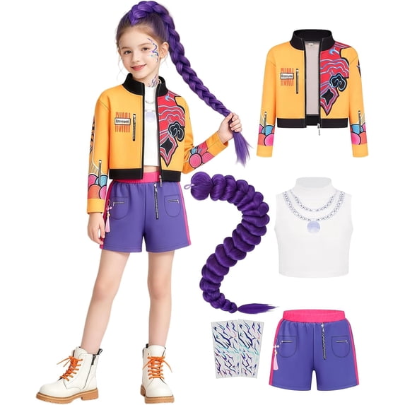 6-Piece Pop Singer Halloween Costume for Girls, Cropped Zip Jacket, Sleeveless Top, Shorts and Braided Ponytail Extension for Stage Performance, Cosplay Dress Up and Parties