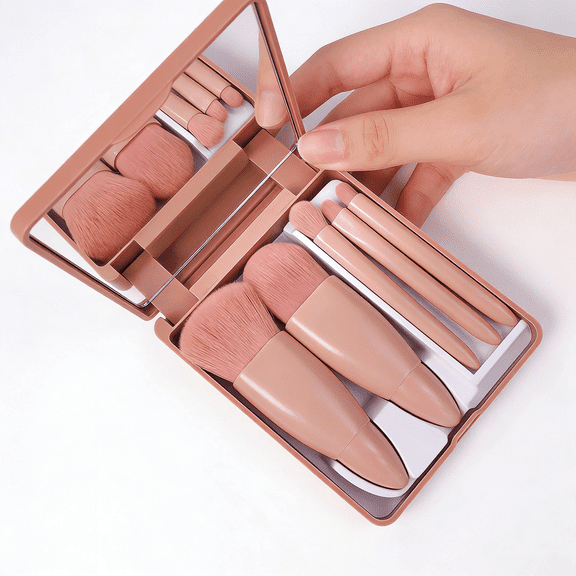 6-Piece Portable Makeup Brush Set with Mirror Case | Complete Mini Travel Kit for Foundation, Eyeshadow & Blush, Ideal Pink Brush Collection for On-the-Go