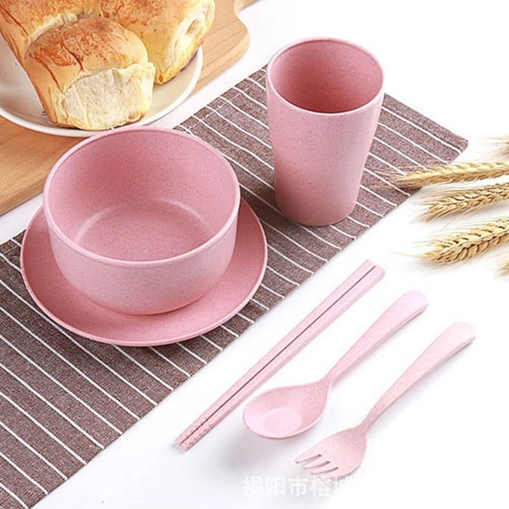 6-Piece Portable Tableware Set, Wheat Straw Bowl Cup Spoon Fork Chopsticks for Travel Camping Picnics Home Outings