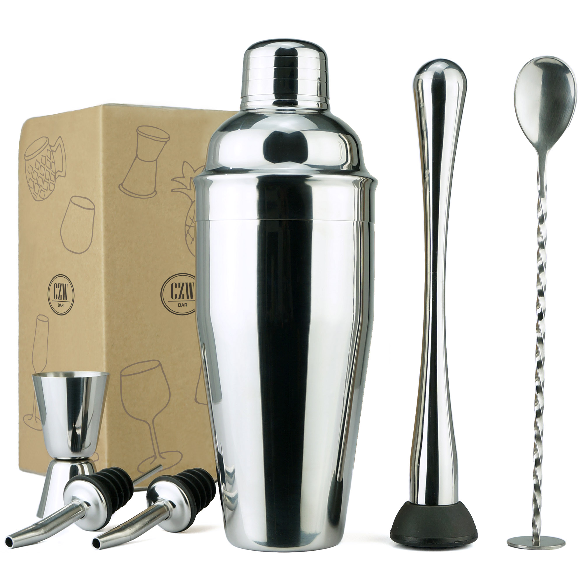6Piece Premium Cocktail Shaker Set, 18/8 Stainless Steel, 24oz Martini