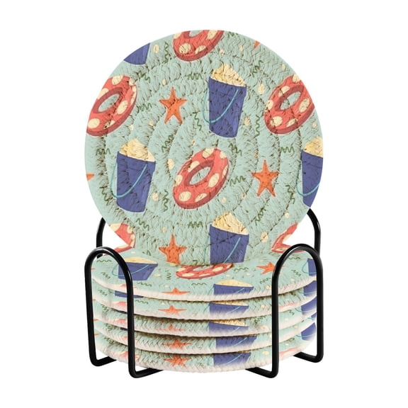 6-Piece Premium Drink Coaster Set with Holder Absorbent Cotton Woven Coasters for All Beverages Minimalist Home Decor & Table Protection Buckets and Swimming Rings