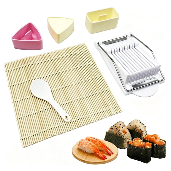 6-Piece Premium Sushi Making Kit, Musubi Press Mold Kit, Includes 2 Musubi Makers, 1 Onigiri Molds, 1 Bamboo Sushi Rolling Mat, Luncheon Meat Slicer – Easy to Clean, Dishwasher Safe
