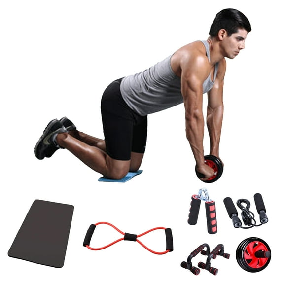 6 Piece Premium Workout Sets - 2 x Push Up Bars, 1 x Double Wheel Ab Roller, 1 x Foam Grip Jump Rope, 1 x 8-Shape Resistance Band, 1 x Foam Knee Mat