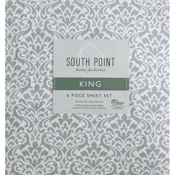 6-Piece Printed Sheet Set - Queen/King | 17" Extra Deep | Cool, Crisp, Breathable Bed Sheets - Brushed for Softness (Damask Grey, King (U.S. Standard))
