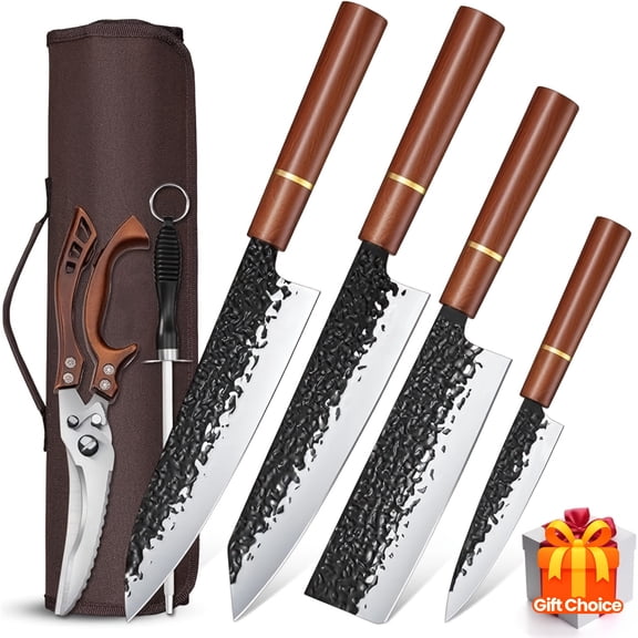 6-Piece Professional Chef Knife Set, High Carbon Stainless Steel Forged Kitchen Knives with Protective Covers, Includes Scissors and Sharpener, Portable Storage Bag, Ideal Cooking Gift