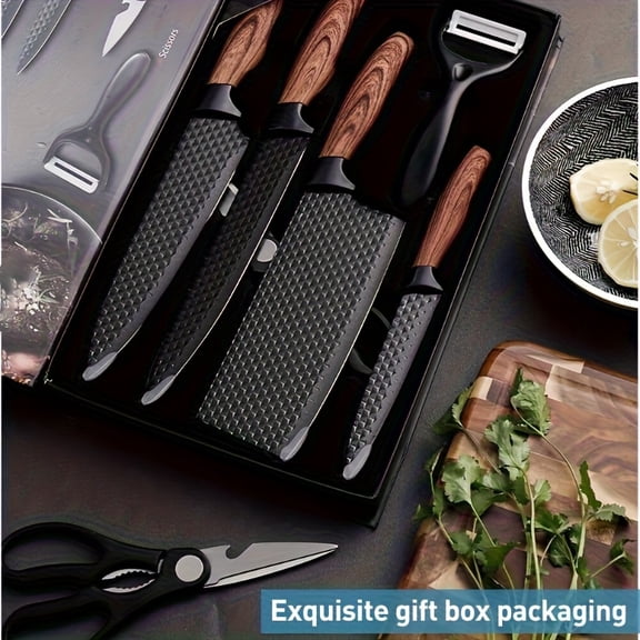 6-Piece Professional High Carbon Stainless Steel Knife Set - Chef Slicing Knife Scraper Scissors, Wooden Handle Gift Box for Family Travel