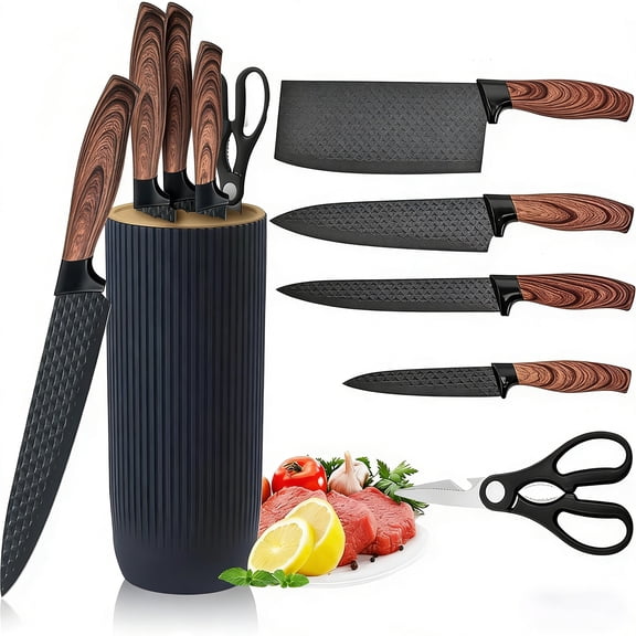 6 Piece Professional Kitchen Knife Set with Universal Knife Block, Super Sharp Non-Stick Stainless Steel Knives with Ergonomic Handles for All Kitchen Needs(Black)