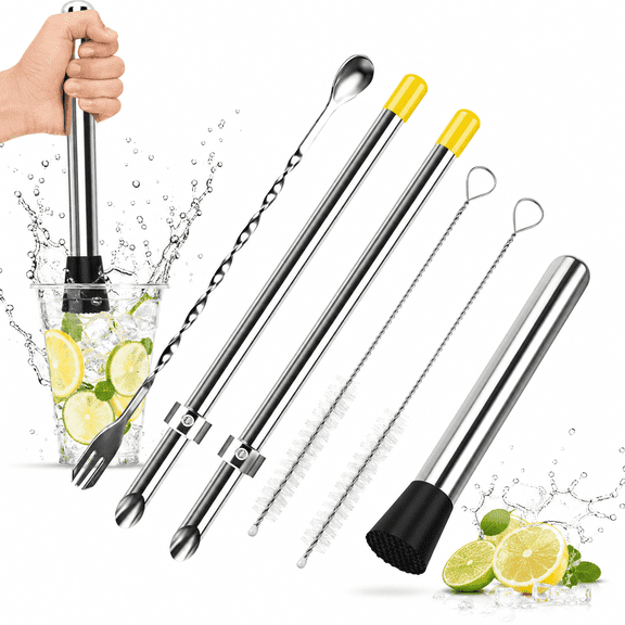 6 Pack 316 Stainless Steel Bar Tools Set, Muddler, Mixing Spoon, Straw Punchers & Cleaning Brushes for Lemonade Cocktail Making