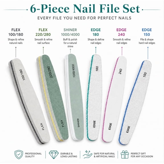 6 Piece Nail File Set, 100/180 Grit Double Sided Emery Board Nail Files, TIKA