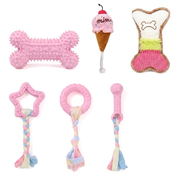 6-Piece Puppy Teething Toys Set for Small Dogs, Pink Chew Toys with Rope, Bone & Ice Cream Shapes for Dental Care