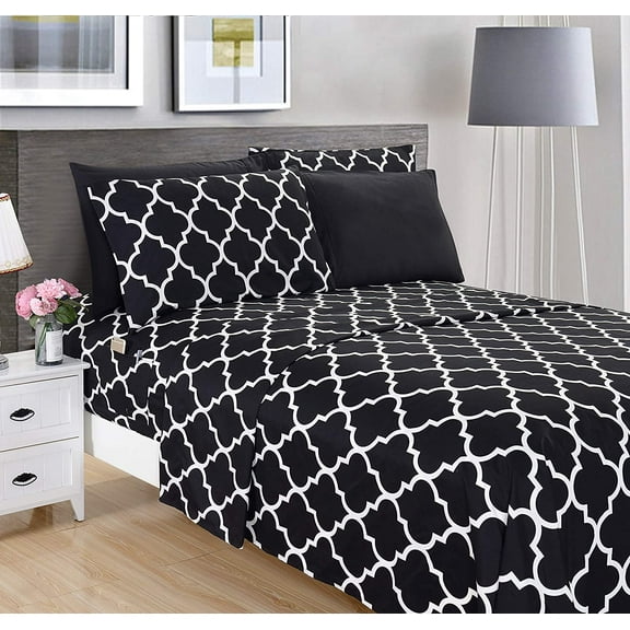 6-Piece Quatrefoil Printed Deep Pocket Bed Sheet Set, Luxurious Silky 1500 Thread Count Bed Sheet Set Ultra Soft Wrinkle Resistant Bedding Set, King, Black