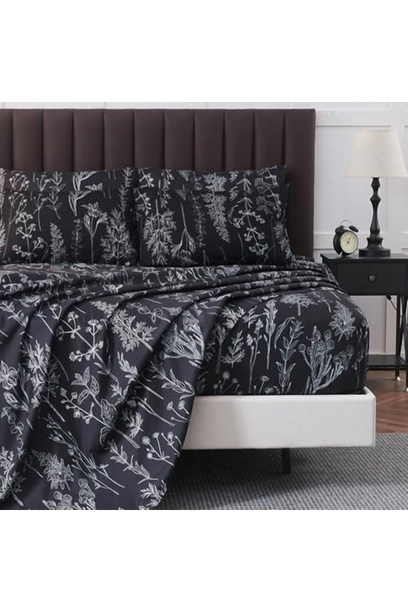 6 Piece Queen Bed Sheets Set, Floral Sheets Black Patterned Sheets Deep Pocket up to 18 inches