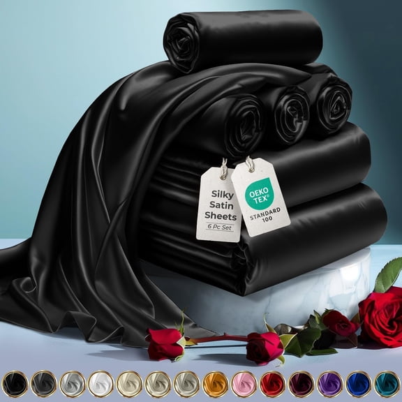 6 Piece Queen Satin Bed Sheets Set, Silky Soft Luxury Bedding with 15 Deep Pocket, Cooling Wrinkle-Free Sheets for Hair Protection & Skin Comfort, Gift, Black