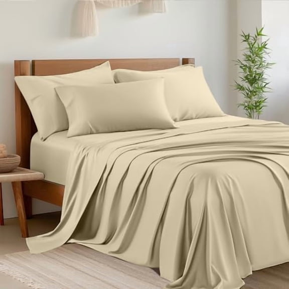 6 Piece Queen Sheet Sets, Cooling Sheets, Blend Rayon Derived from Bamboo, Deep Pocket Up to 16", Breathable & Soft Bed Sheets, Hotel Silky Bedding Set, Beige