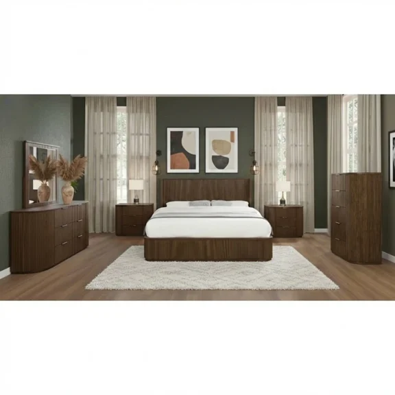 6-Piece Queen Size Modern Bedroom Set, Solid Wood Fluted Bed Set, Brown