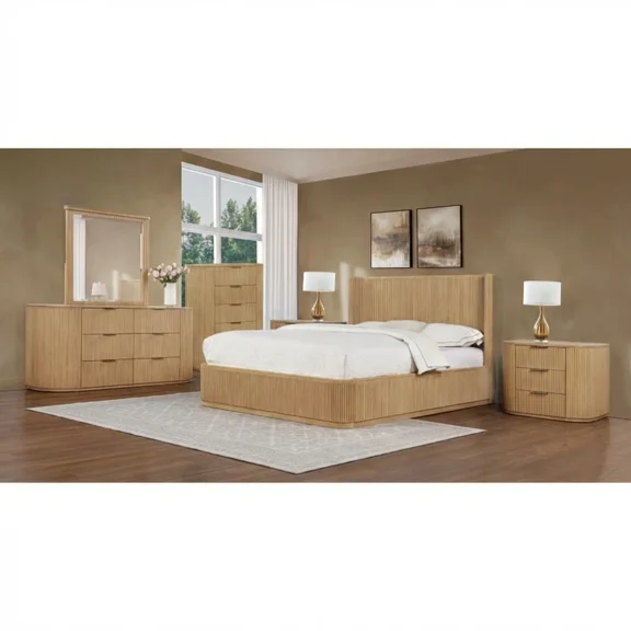 6-Piece Queen Size Modern Bedroom Set, Solid Wood Fluted Bed Set, Light Oak