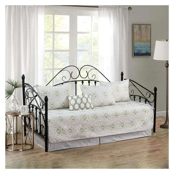 6 Piece Quilted Microfiber Daybed Bedding Cover Set, Soft Lightweight All Season Coverlet Quilt Set with Bedskirt, Matching Shams, Decorative Pillow, 75" x 39", Medallion Bloom Medallion