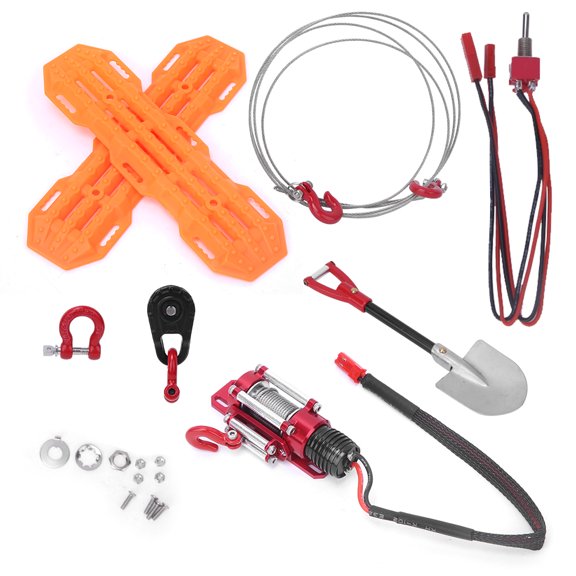 6-Piece RC Crawler Scale Decorative Tools Kit with Barricades, Metal Capstan, Roller, Steel Rope, Lock, Shovel for 1/10 Scale RC Car Parts and Accessories (9.0 x 4.7 Inches / 23.0 x 12.0 cm)