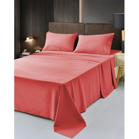 6 Piece Rayon Made From Bamboo Sheet Set by OKAO -Silky Soft- Wrinkle Free - Deep Pockets- Softer and Stronger Than Cotton - 1 Fitted Sheet, 1 Flat, 4 Pillowcases Queen, Coral