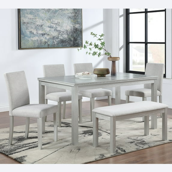 6-Piece Crystal-Accent Dining Set - Wooden Table with 4 Upholstered Chairs & Bench, Rectangular 6-Seater for Kitchen/Dining Room (330 lb Capacity)