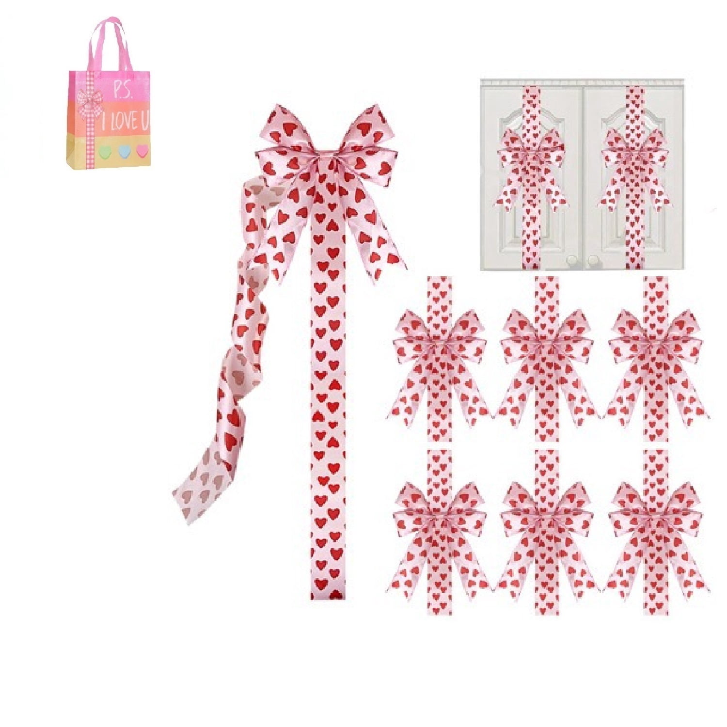 6-Piece Red Heart Valentine's Day Bows - 79 Inch Ribbon Decor for Cabinet Window & Kitchen, Valentine's Party Supplies   Z