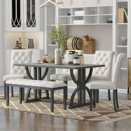 Kitchen Dining Set for 6 Retro Style Rectangular Wood Table and 4 Chairs 1 Bench with Special Shaped Legs and Foam Covered Seat Backs Cushions for Family 6 Pieces Grey Walmart