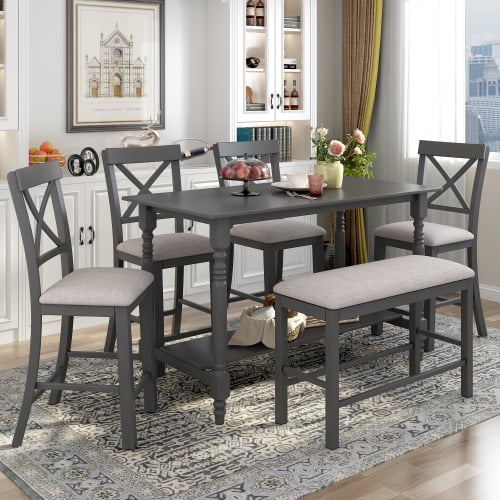 Rustic Gray Dining Table With Bench 6-Piece Retro Style Dining