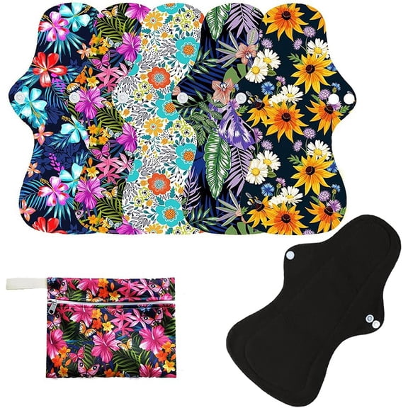 6-Piece Reusable Cloth Menstrual Pads with Mini Wet Bag Heavy Flow, Incontinence & Postpartum Protection, Bamboo Charcoal + Waterproof PUL, Leak-Proof, Washable, Eco-Friendly