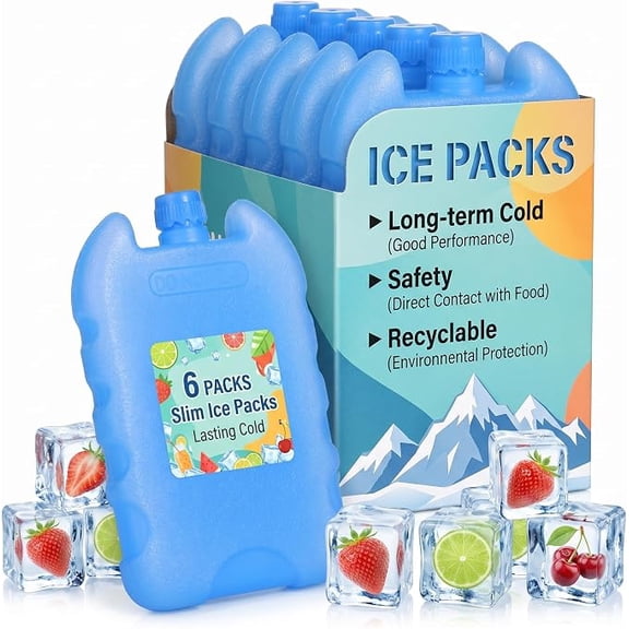 6 Piece Reusable Ice Packs for Lunch Boxes Slim Medium Freezer Blocks Blue for Lunch Bags Coolers Beach Camping Food Storage