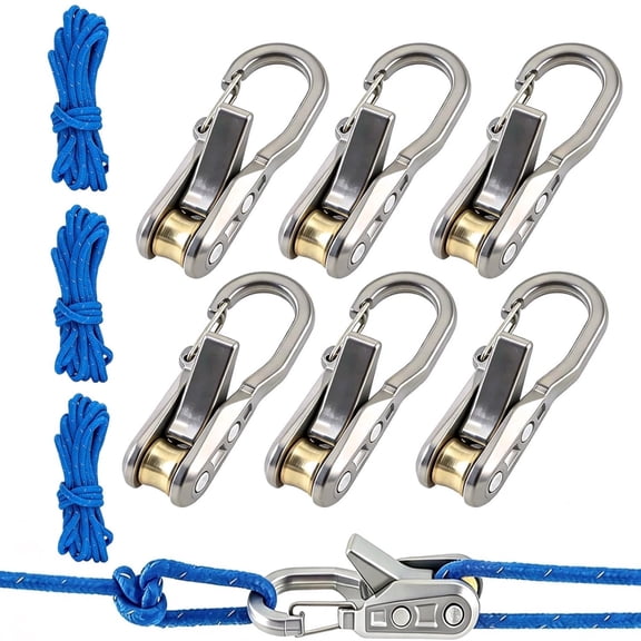 6-Piece Rope Tensioner Set w/ 3 Reflective Braided Ropes, Rust-Resistant for Camping & RVs