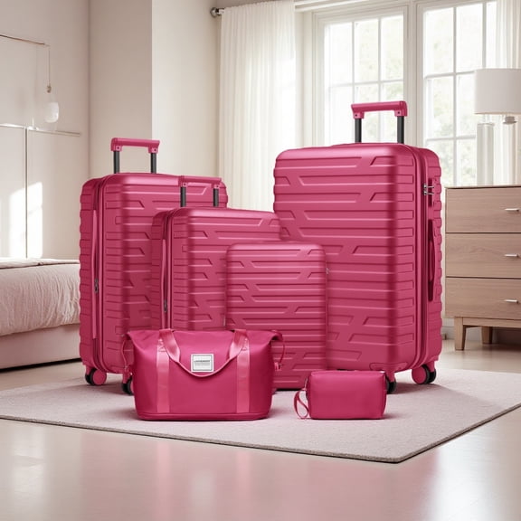 6-Piece Rose Red Luggage Set - Expandable Hardside Suitcases with Spinner Wheels, TSA Lock & Duffel Bag