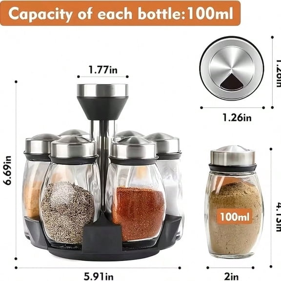 6-Piece Rotating Spice Rack Organizer with Glass Jars, 360-Degree Revolving Countertop Herb and Seasoning Tower for Kitchen Pantry Storage and Organization