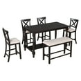 thumbnail image 1 of 6 Piece Rustic Dining Table Set with 4 Upholstered Chairs and 1 Bench, 2 Tier Wood Rectangular Table with Bottom Storage Shelf, 1 of 8