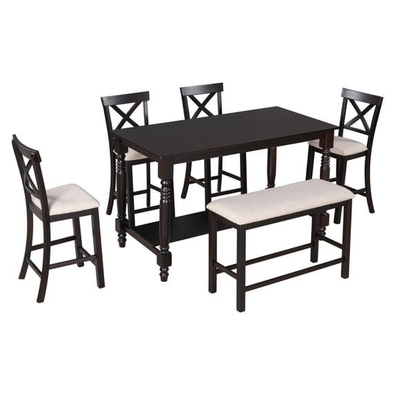 6 Piece Rustic Dining Table Set with 4 Upholstered Chairs and 1 Bench, 2 Tier Wood Rectangular Table with Bottom Storage Shelf
