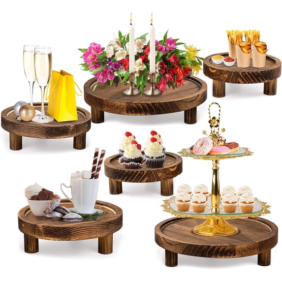 6-Piece Rustic Wooden Cake and Display Riser Set — Round Tiered Trays ...
