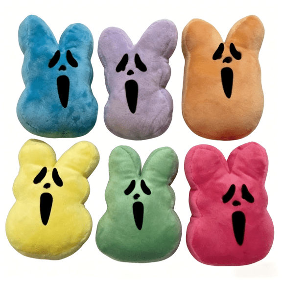 6-Piece Scream 7 Ghost Face Bunny Plush Set 6-Inch Colorful Slasher Stuffed Animals Spooky Easter Basket Stuffers Soft Horror Movie Collectibles and Halloween Party Favors
