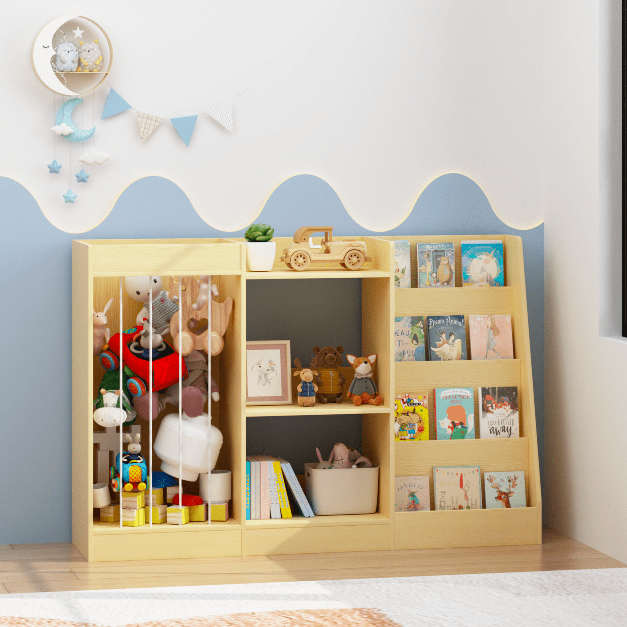 Natural Wood Kids Bookshelf 3-in-1 Toy Storage 4-Tier Book Display Anti-Tip Childrens Room Organizer