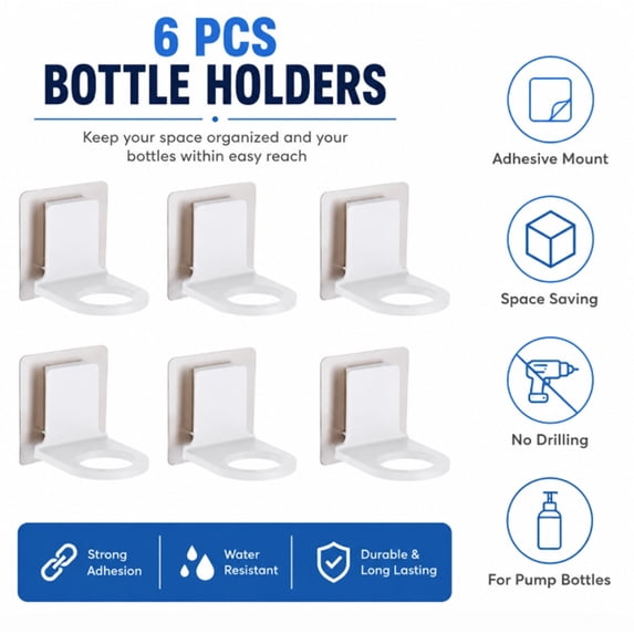 6 Piece Self Adhesive Shower Bottle Rack Set, Wall Mounted Shampoo Hangers for Bathroom Storage, TIKA