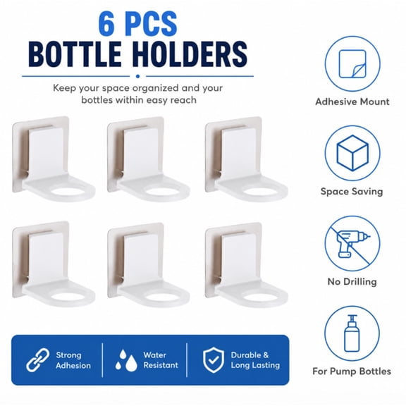 6 Piece Self Adhesive Shower Bottle Rack Set, Wall Mounted Shampoo Hangers for Bathroom Storage, TIKA