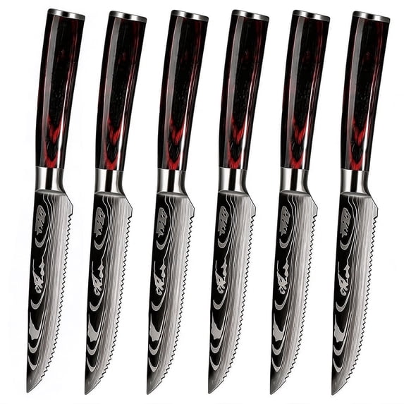 TVQUYET 6-Piece Steak Knives Set Wood Handle,4.5" Damascus Laser Stainless Steel Serrated Steak Cutting Knife for Kitchen and Restaurant