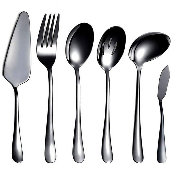 6-Piece Serving Flatware Silverware Set, Utensil Set,Include Cake Server, Slotted Spoon Black