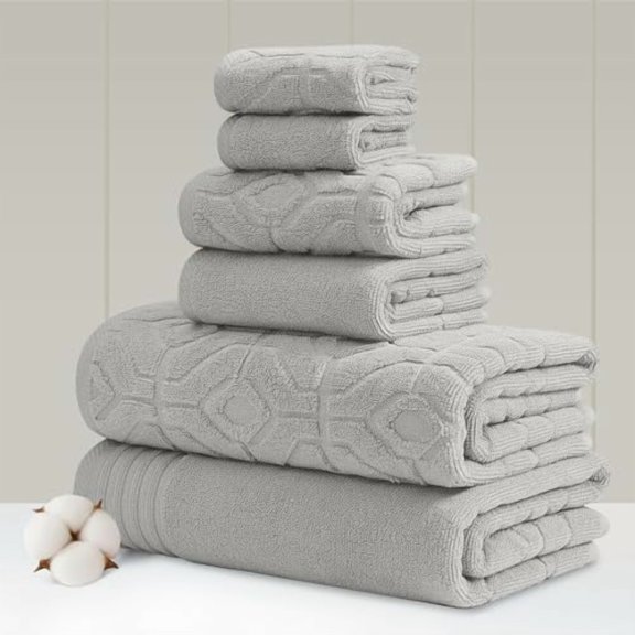 6 Piece Set, 2 Bath Towels, 2 Hand Towels, 2 Washcloths Yarn Dyed Diamond Gate Jacquard Towel Set Silver