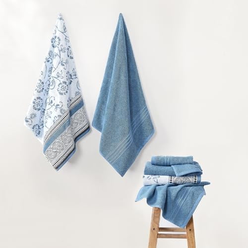 6 Piece Set, 2 Bath Towels, 2 Hand Towels, 2 Washcloths Yarn Dyed Jacquard/Solid Towel Set Ophelia Blue