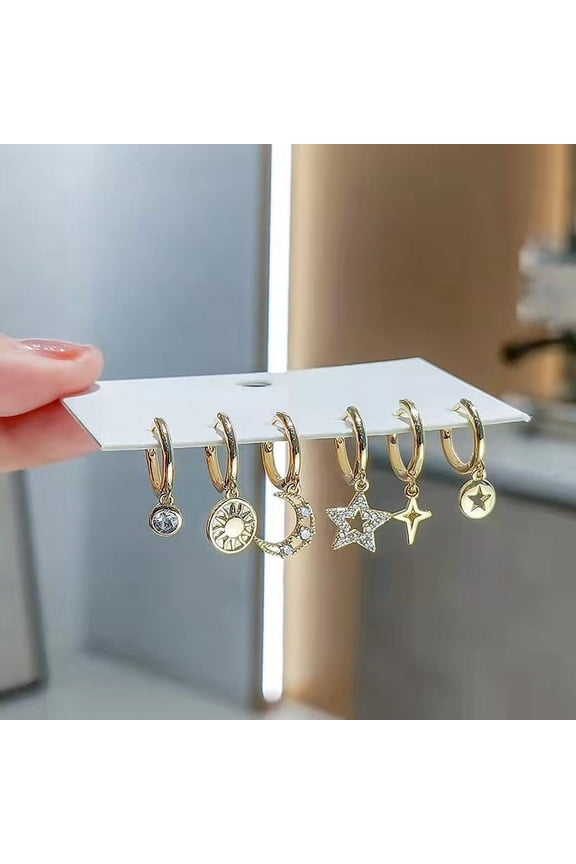 6 Piece Set - 925 Sterling Silver Star/Moon Pendant Hoop Earrings, Micro Zircon Earrings For Women and Teens