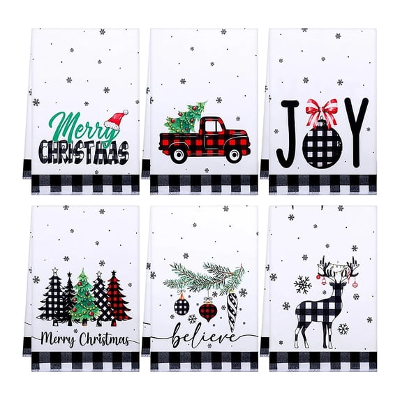 6 Piece Set Christmas Kitchen Towels Dish Towels, Merry Christmas Joy Believe Holiday Print Dishcloths for Kitchen